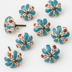 Floral Ceramic Knobs with Blue and Orange Accents